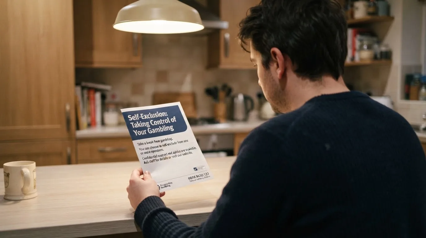 A person reading a self-exclusion leaflet at a kitchen table