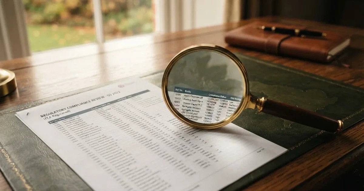 A magnifying glass held over a printed gambling licence certificate on a desk, with a UK map faintly visible in the background
