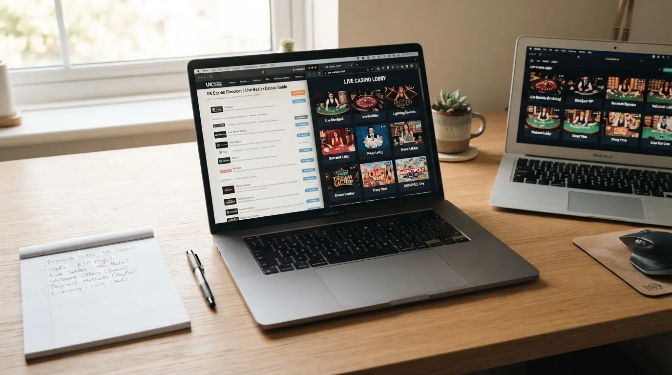 A laptop on a home desk showing a UK online casino comparison page open beside a notepad, with a laptop showing a live casino lobby with several table thumbnails visible in a browser tab list