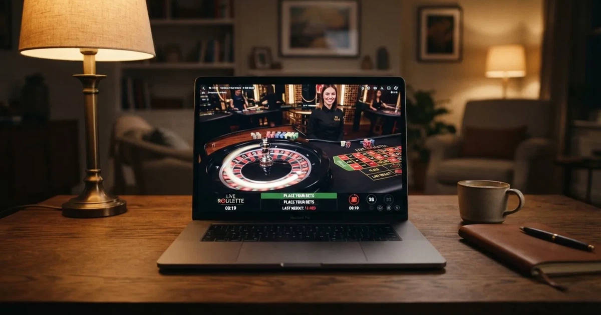 A live dealer roulette wheel streamed to a laptop screen