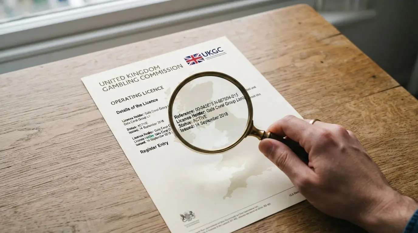 A magnifying glass held over a printed gambling licence certificate on a desk, with a UK map faintly visible in the background