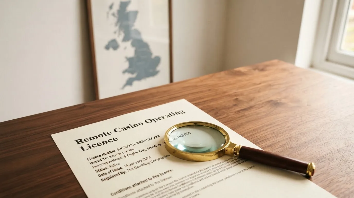 A magnifying glass held over a printed gambling licence certificate on a desk, with a UK map faintly visible in the background