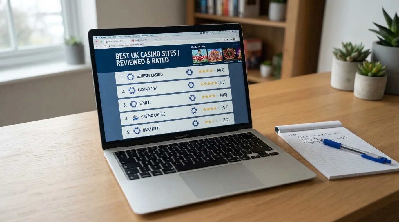 A laptop on a home desk showing a UK online casino comparison page open beside a notepad, with a laptop showing a live casino game show lobby page visible in a browser tab list
