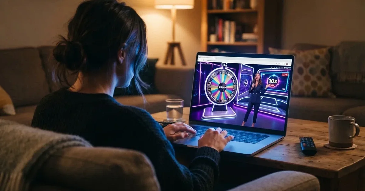 A wheel-based live casino game show studio streamed to a laptop