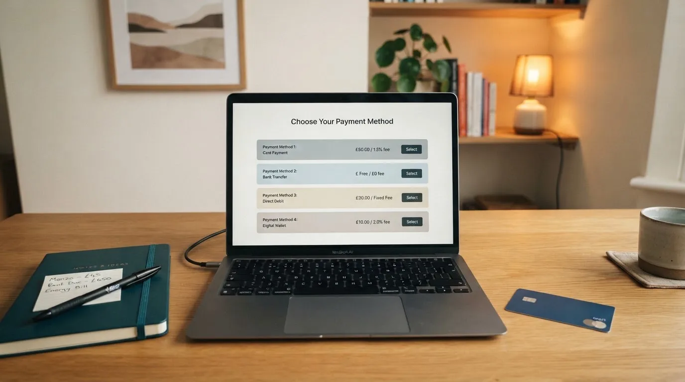 A laptop on a home desk showing a UK online casino comparison page open beside a notepad, with a desk with a debit card, a phone and a laptop showing a deposit form visible in a browser tab list