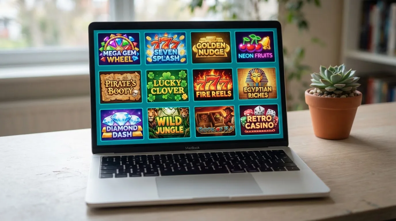 A laptop on a desk displaying a grid of slot game thumbnails in a casino lobby.