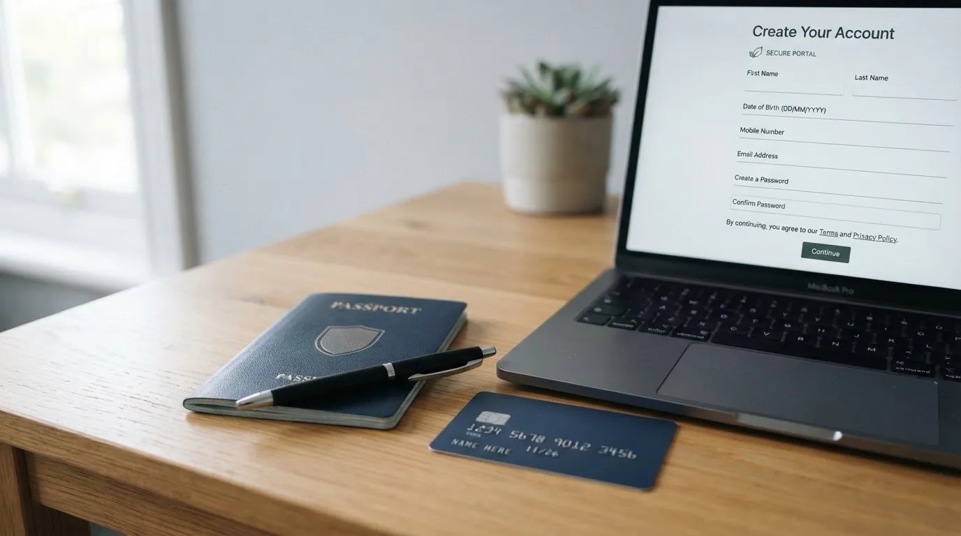 A UK passport and a bank card resting beside a laptop showing an account sign-up screen.