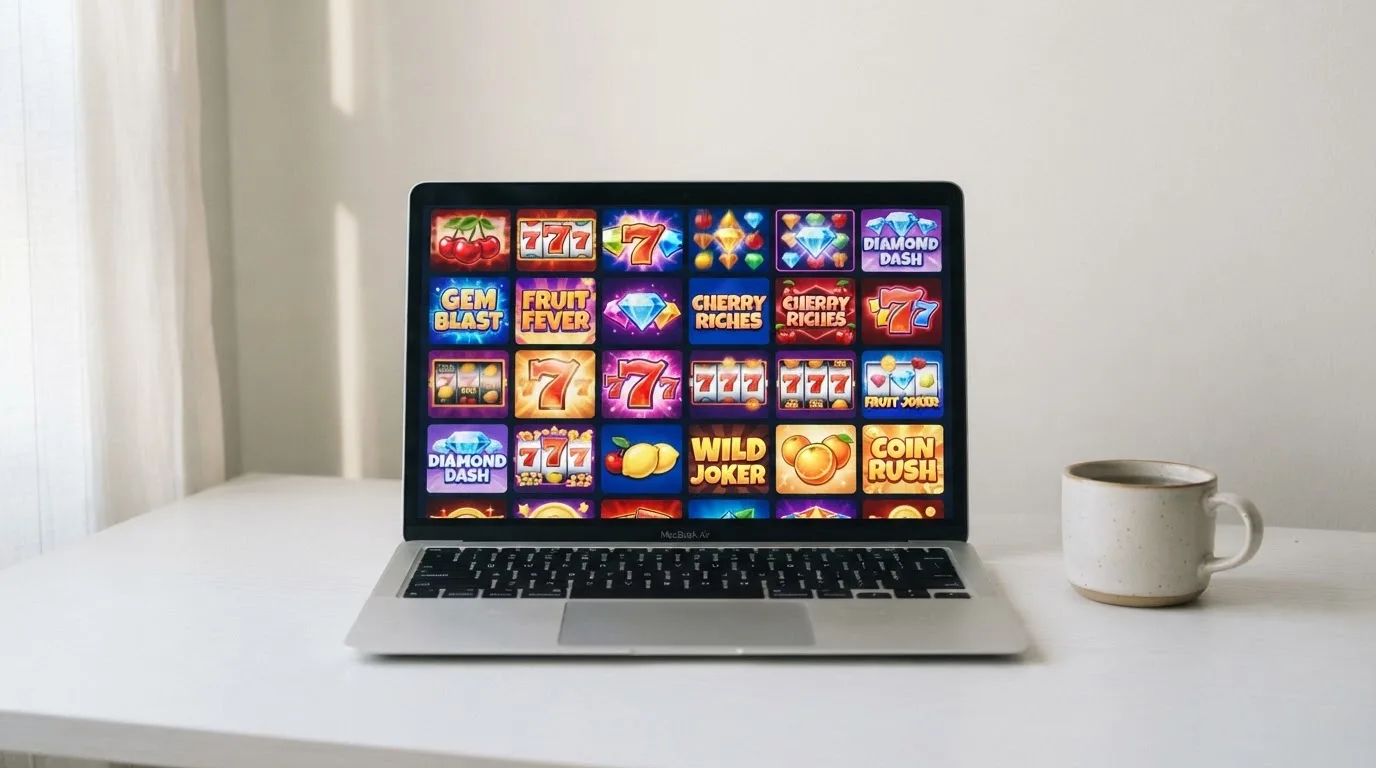 A laptop on a desk displaying a grid of slot game thumbnails in a casino lobby.