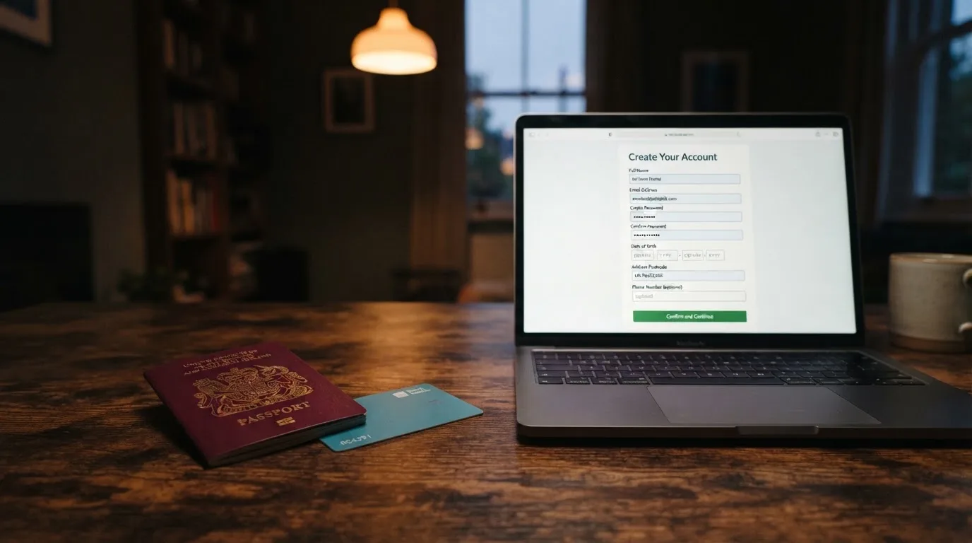 A UK passport and a bank card resting beside a laptop showing an account sign-up screen.