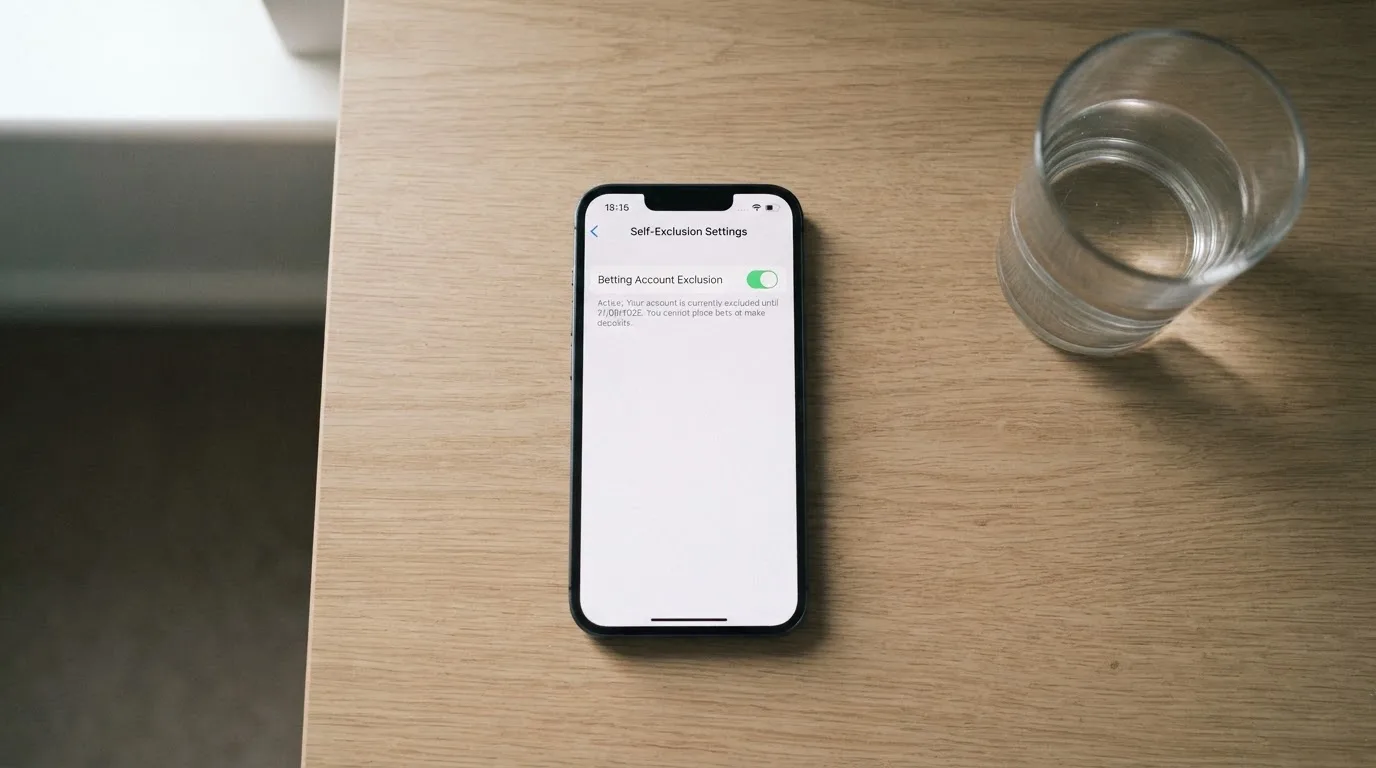 A phone displaying a self-exclusion settings screen next to a glass of water on a bedside table.