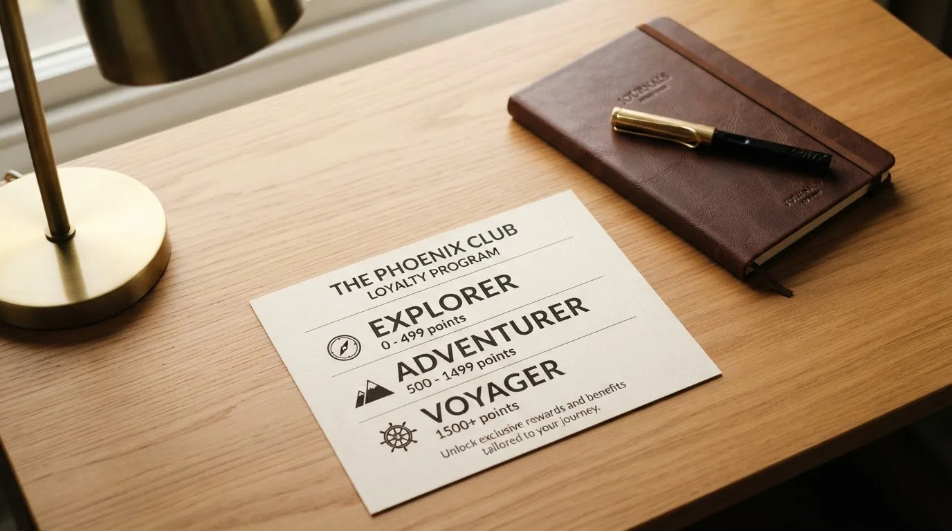A desk with a printed loyalty-tier chart, a fountain pen, and a closed leather notebook.