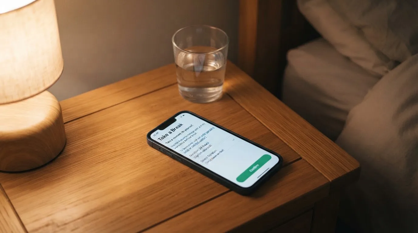A phone displaying a self-exclusion settings screen next to a glass of water on a bedside table.