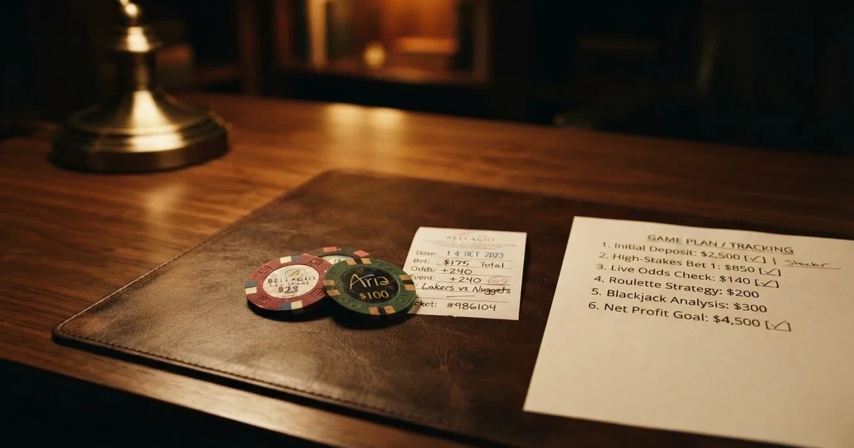 A pair of casino chips and a betting slip arranged beside a printed licence certificate on a desk.