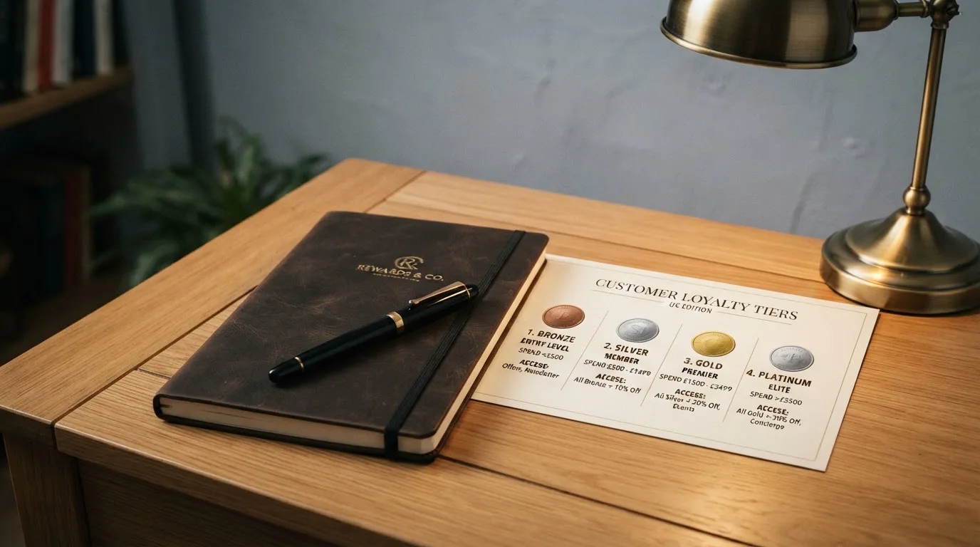 A desk with a printed loyalty-tier chart, a fountain pen, and a closed leather notebook.